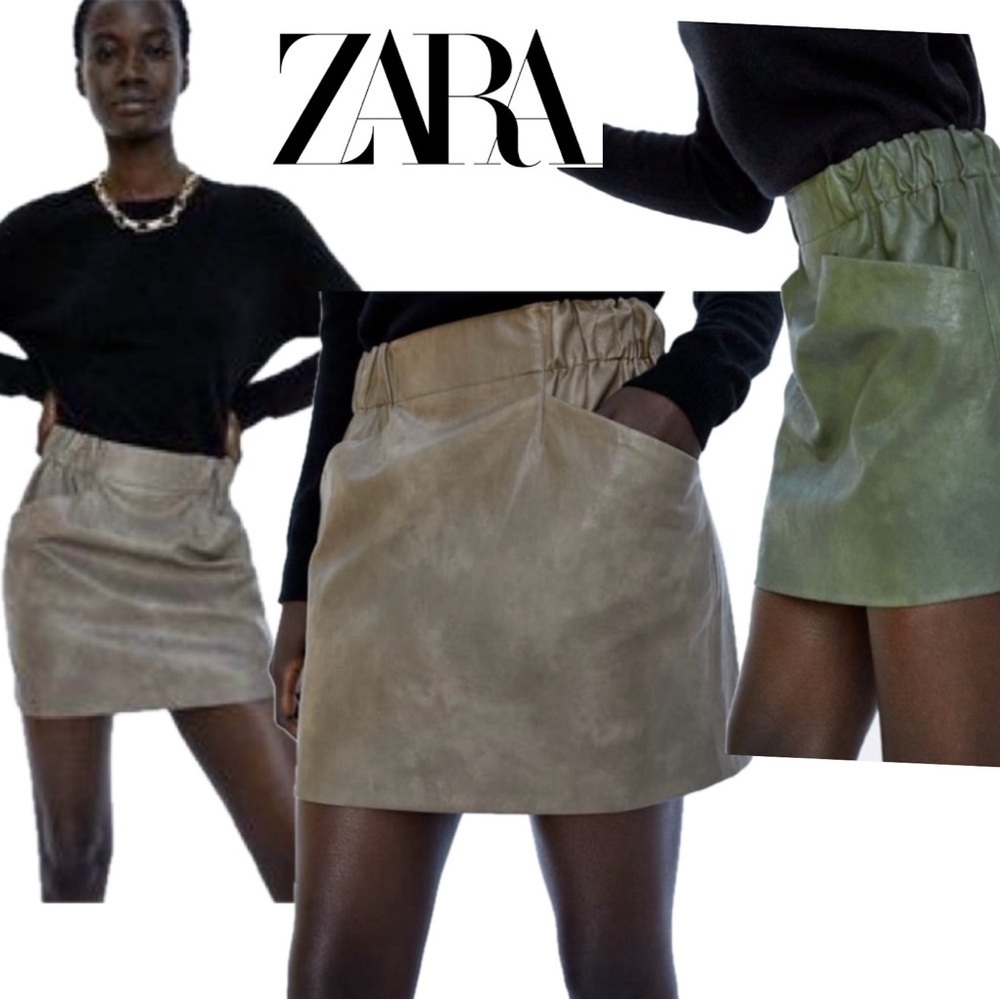 ZARA taupe brown Faux leather paperbag miniskirt with pockets size medium
